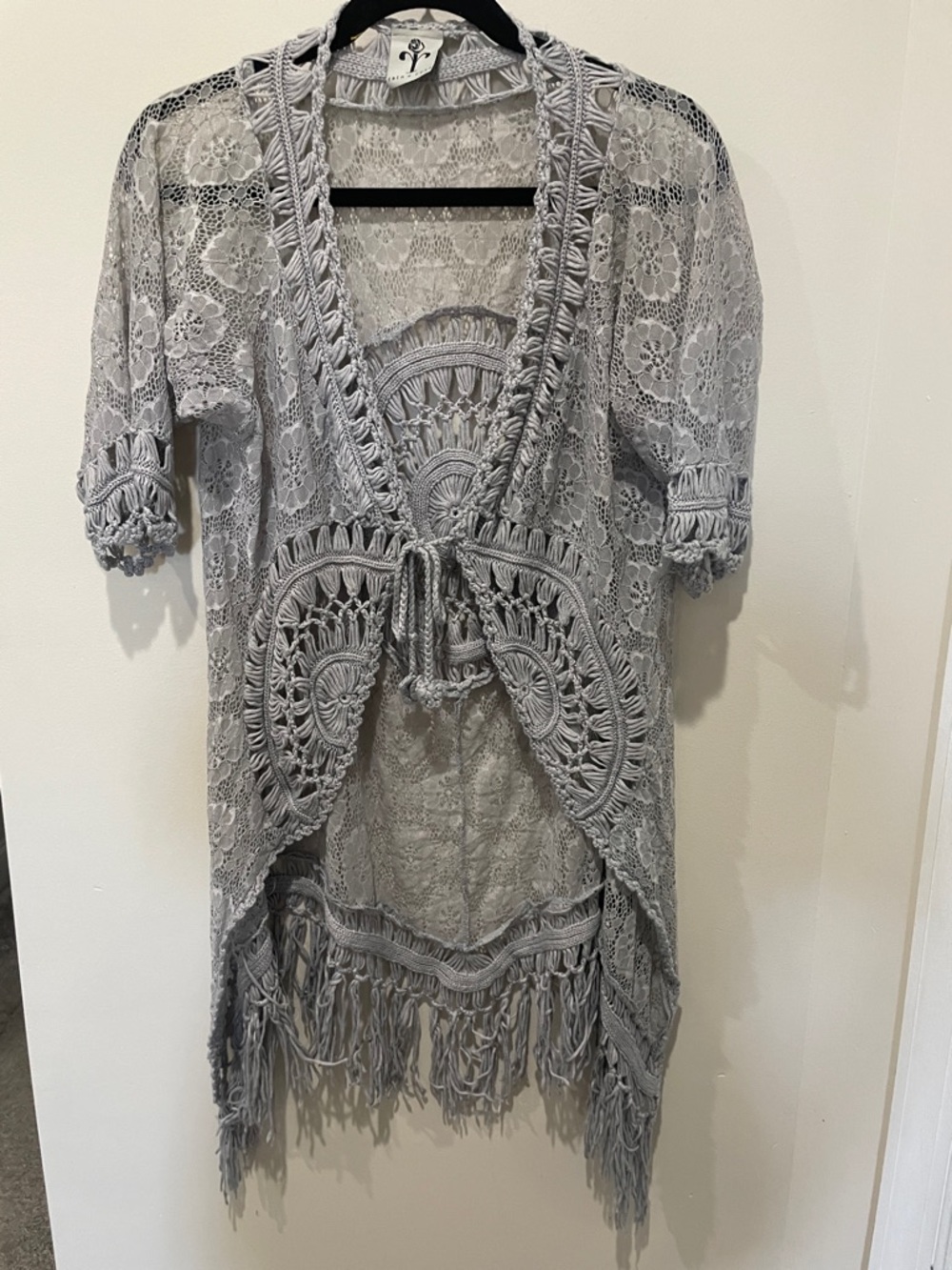 Light Gray Crochet Fringe Kimono